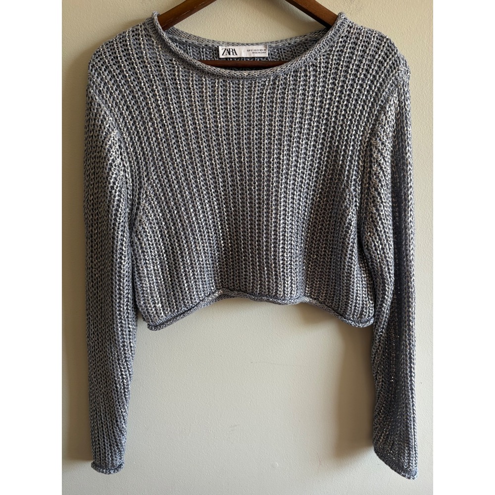 Zara Gray Open Knit Cropped Sweater Long Sleeve